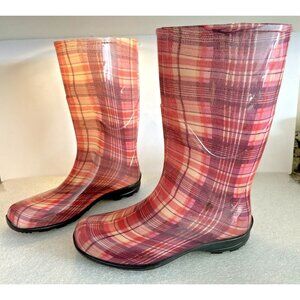 Women’s Size 11 Slip On Rain Boot Rubber Waterproof Glossy Pink Knee High Flat